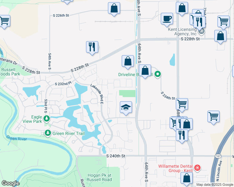map of restaurants, bars, coffee shops, grocery stores, and more near 6101 62nd Avenue South in Kent