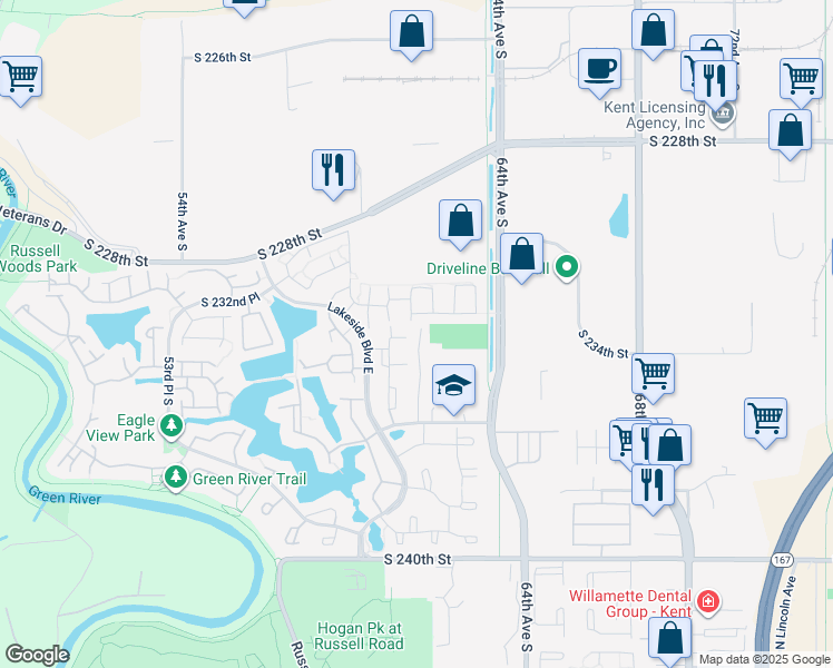 map of restaurants, bars, coffee shops, grocery stores, and more near 6101 62nd Avenue South in Kent