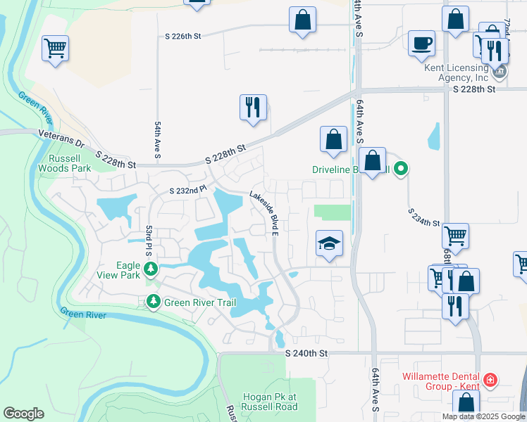 map of restaurants, bars, coffee shops, grocery stores, and more near 23400 Lakeside Boulevard East in Kent