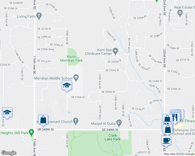 map of restaurants, bars, coffee shops, grocery stores, and more near 12256 Southeast 234th Street in Kent