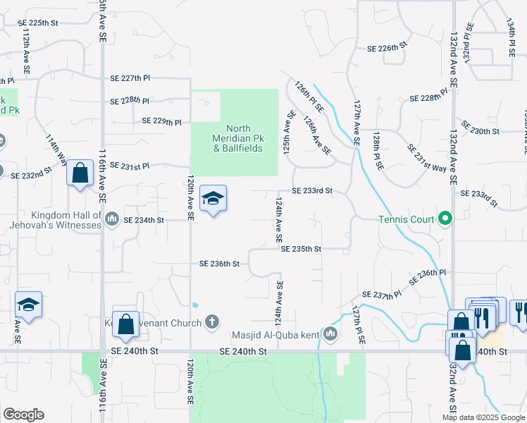 map of restaurants, bars, coffee shops, grocery stores, and more near 12256 Southeast 234th Street in Kent