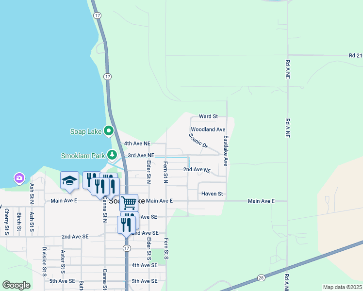 map of restaurants, bars, coffee shops, grocery stores, and more near 640 3rd Ave NE in Soap Lake
