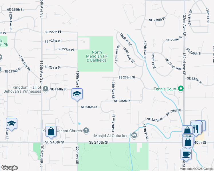 map of restaurants, bars, coffee shops, grocery stores, and more near 12256 Southeast 234th Street in Kent