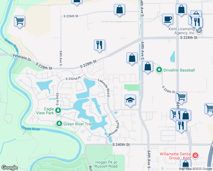map of restaurants, bars, coffee shops, grocery stores, and more near 109 2nd Avenue South in Kent