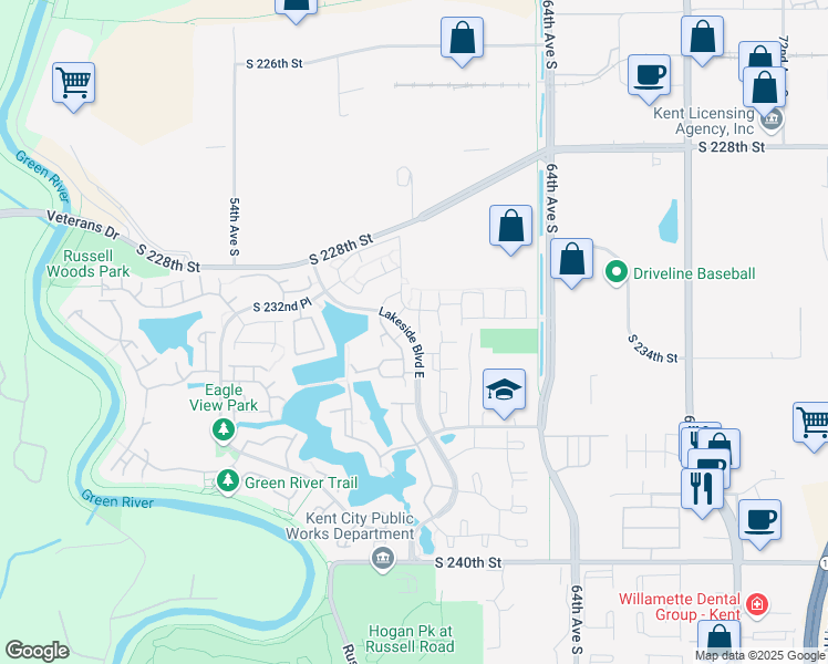 map of restaurants, bars, coffee shops, grocery stores, and more near 23400 Lakeside Boulevard East in Kent