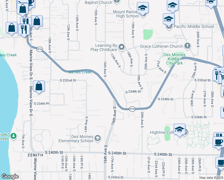 map of restaurants, bars, coffee shops, grocery stores, and more near 1634 Kent Des Moines Road in Seattle