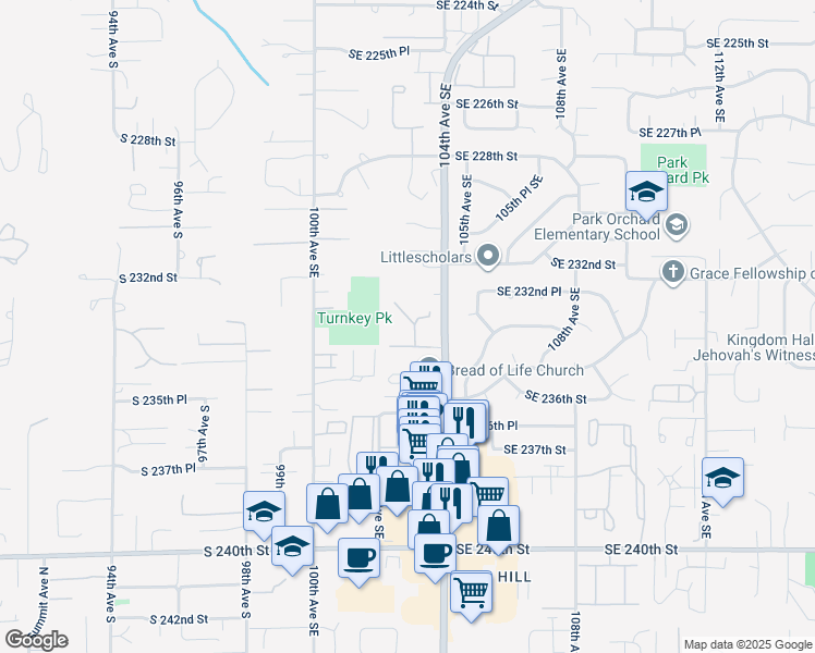 map of restaurants, bars, coffee shops, grocery stores, and more near 23405 104th Avenue Southeast in Kent