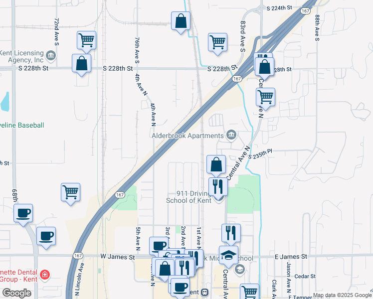 map of restaurants, bars, coffee shops, grocery stores, and more near 945 2nd Avenue North in Kent