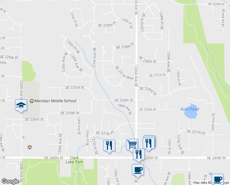 map of restaurants, bars, coffee shops, grocery stores, and more near 12850 Southeast 234th Street in Kent