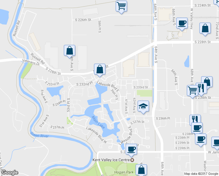 map of restaurants, bars, coffee shops, grocery stores, and more near 23223 59th Place South in Kent
