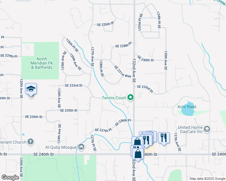 map of restaurants, bars, coffee shops, grocery stores, and more near 12850 Southeast 234th Street in Kent