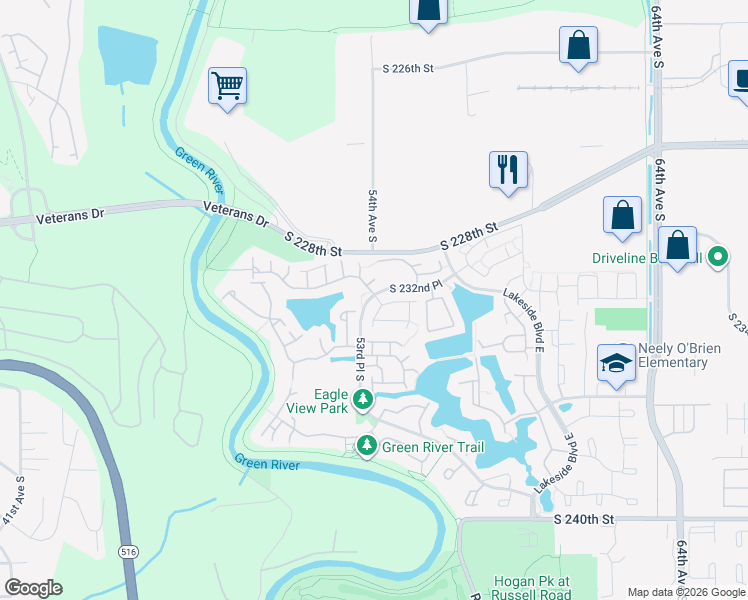 map of restaurants, bars, coffee shops, grocery stores, and more near 23308 54th Avenue South in Kent