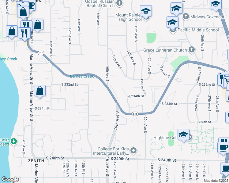 map of restaurants, bars, coffee shops, grocery stores, and more near 1634 Kent Des Moines Road in Seattle