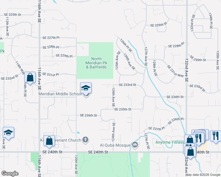 map of restaurants, bars, coffee shops, grocery stores, and more near 12255 Southeast 233rd Street in Kent