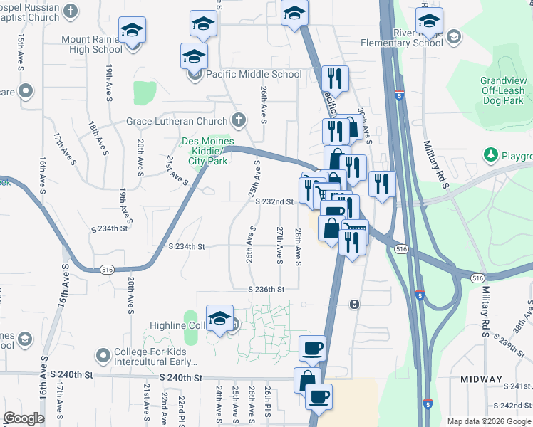 map of restaurants, bars, coffee shops, grocery stores, and more near 2614 South 232nd Street in Des Moines