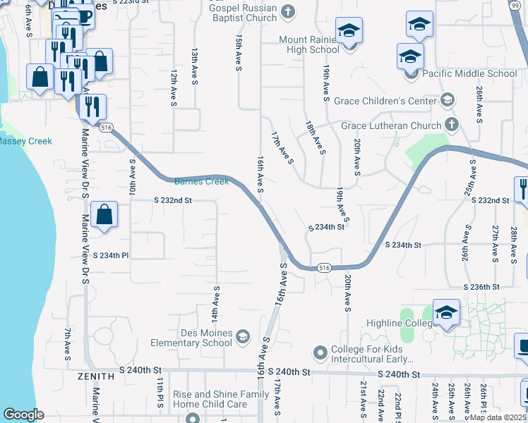 map of restaurants, bars, coffee shops, grocery stores, and more near 1610 South Kent Des Moines Road in Des Moines