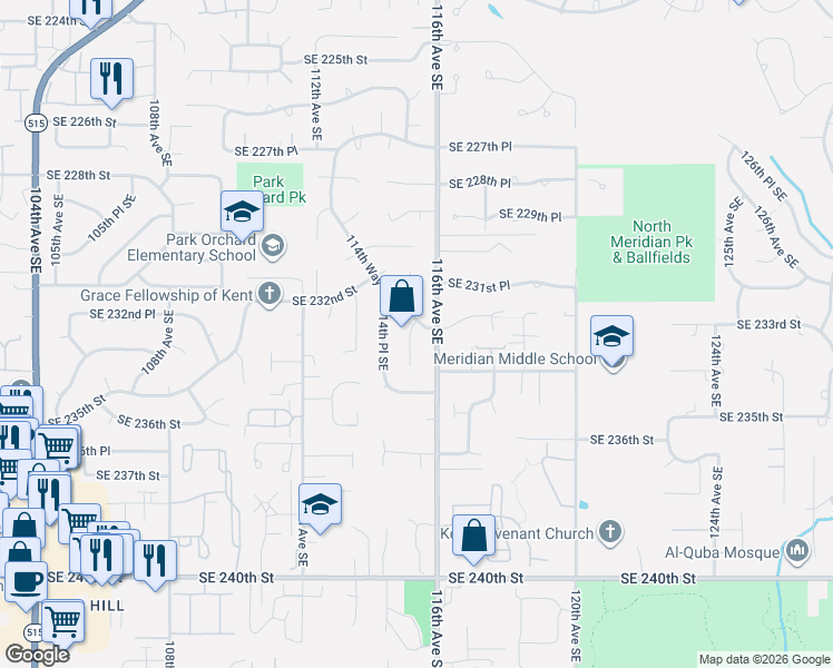 map of restaurants, bars, coffee shops, grocery stores, and more near 23207 116th Avenue Southeast in Kent