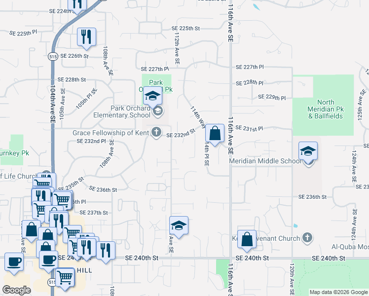 map of restaurants, bars, coffee shops, grocery stores, and more near 11203 Southeast 232nd Street in Kent