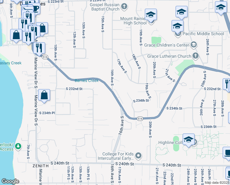 map of restaurants, bars, coffee shops, grocery stores, and more near 23058 16th Avenue South in Des Moines