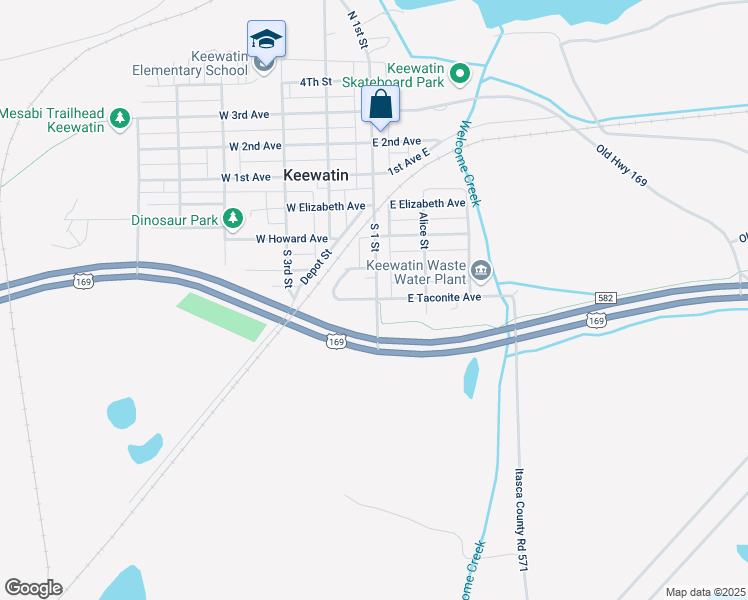 map of restaurants, bars, coffee shops, grocery stores, and more near 406 South 1 Street in Keewatin