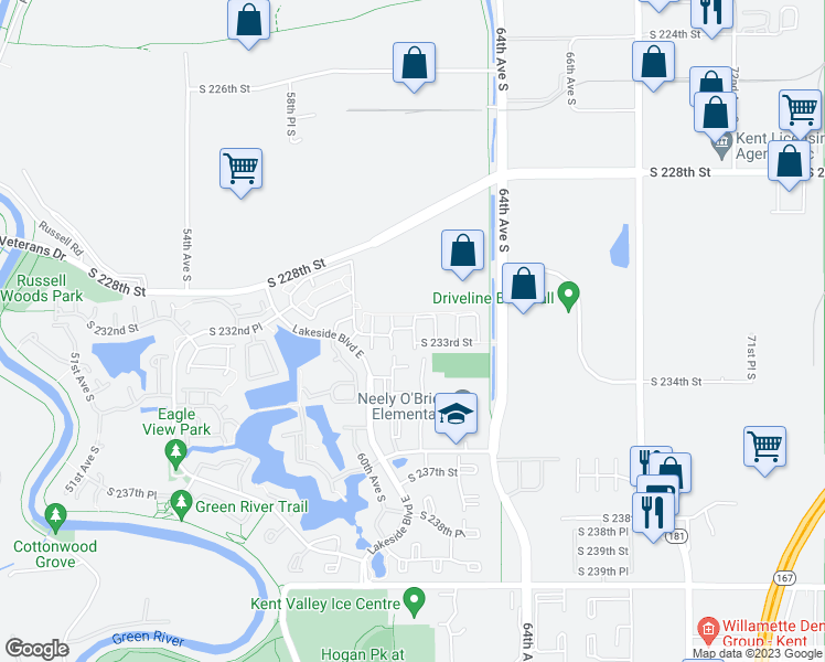 map of restaurants, bars, coffee shops, grocery stores, and more near 23220 63rd Place South in Kent