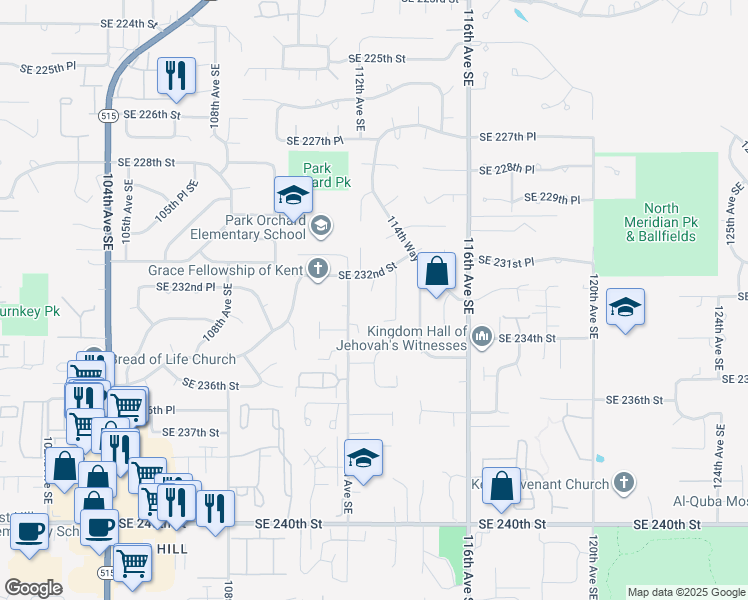map of restaurants, bars, coffee shops, grocery stores, and more near 11203 Southeast 232nd Street in Kent