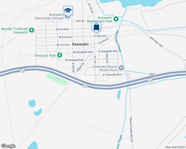 map of restaurants, bars, coffee shops, grocery stores, and more near 501 South 1 Street in Keewatin