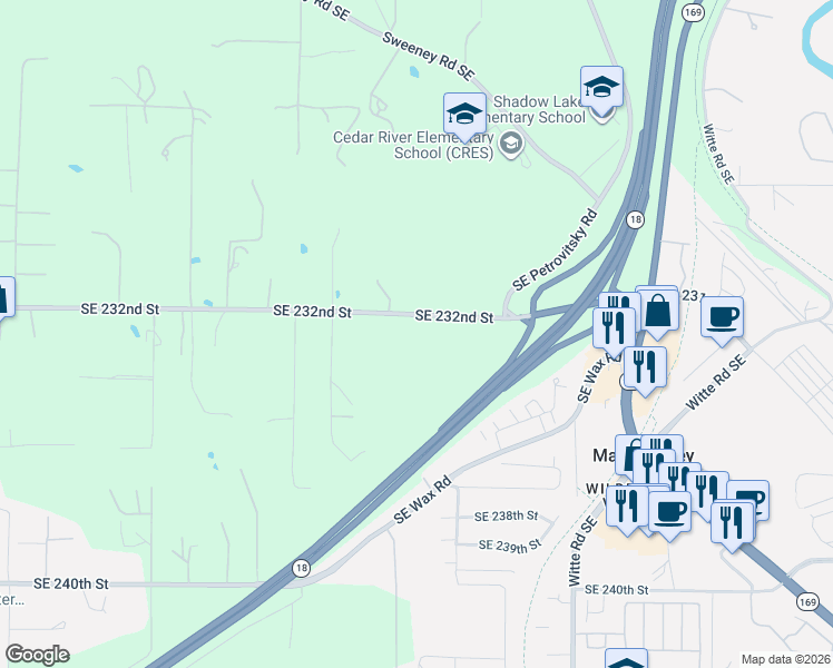 map of restaurants, bars, coffee shops, grocery stores, and more near 21458 Southeast 232nd Street in Maple Valley