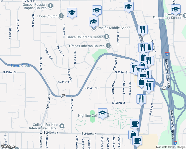 map of restaurants, bars, coffee shops, grocery stores, and more near 2087 Kent Des Moines Road in Seattle