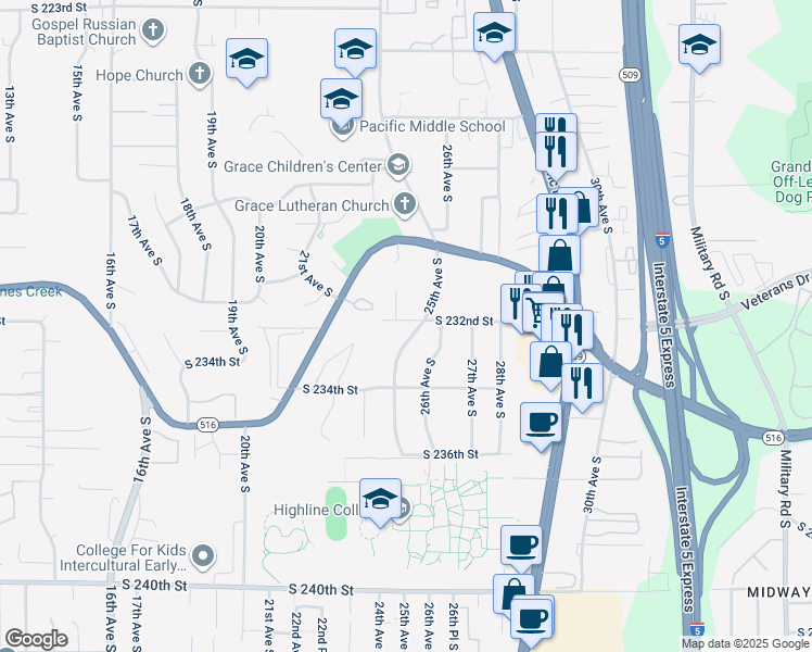 map of restaurants, bars, coffee shops, grocery stores, and more near 23185 25th Avenue South in Des Moines