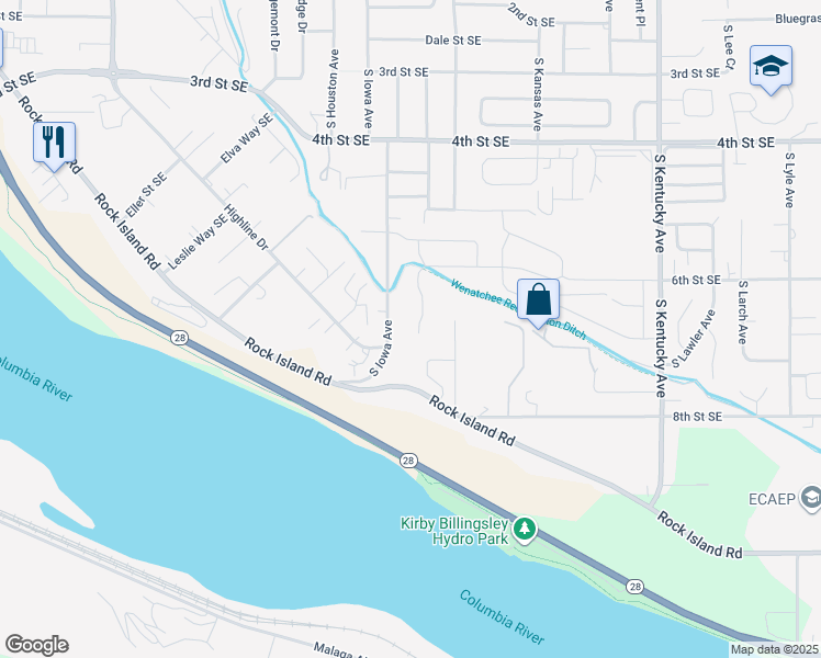map of restaurants, bars, coffee shops, grocery stores, and more near 606 South James Avenue in East Wenatchee