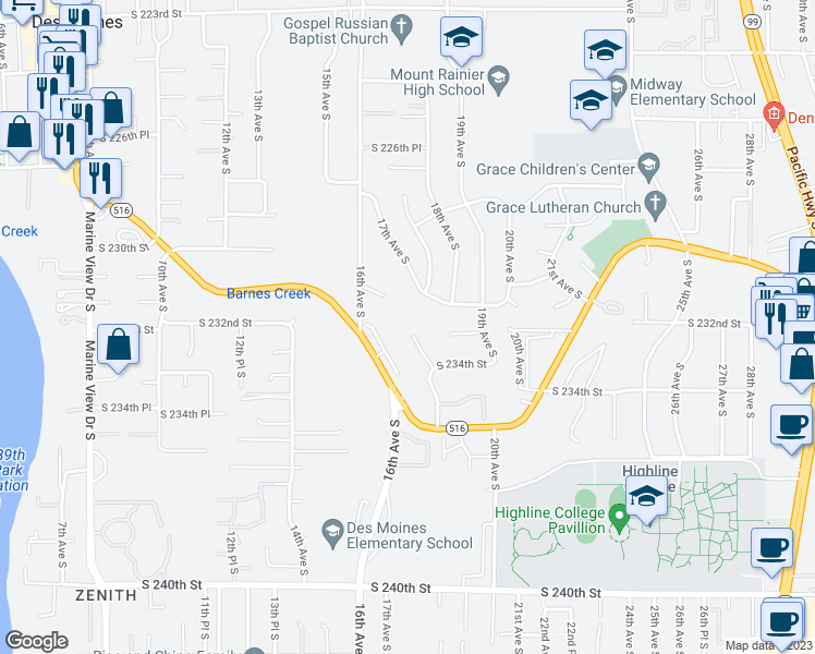 map of restaurants, bars, coffee shops, grocery stores, and more near 23239 17th Place South in Des Moines