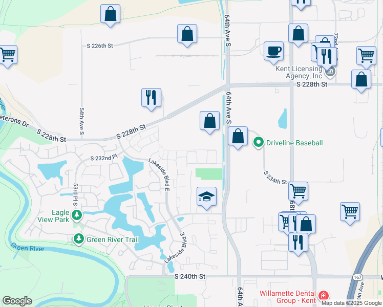 map of restaurants, bars, coffee shops, grocery stores, and more near 6125 South 232nd Street in Kent