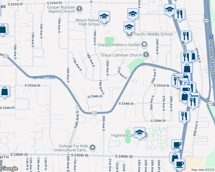 map of restaurants, bars, coffee shops, grocery stores, and more near 2004 South 233rd Street in Seattle