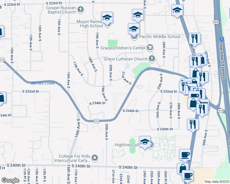 map of restaurants, bars, coffee shops, grocery stores, and more near 2004 South 233rd Street in Seattle