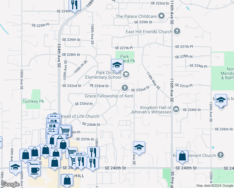 map of restaurants, bars, coffee shops, grocery stores, and more near 23205 110th Place Southeast in Kent