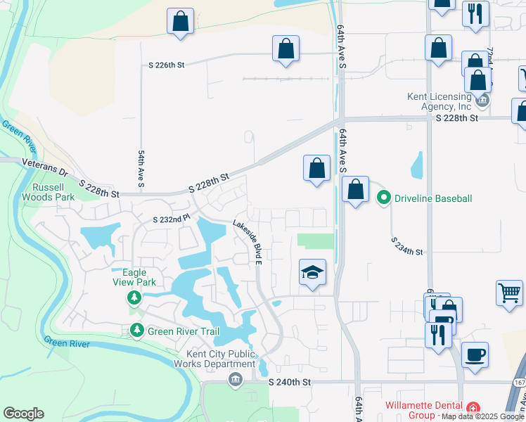 map of restaurants, bars, coffee shops, grocery stores, and more near 23209 60th Court South in Kent