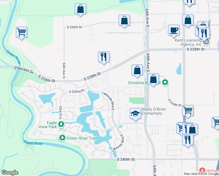 map of restaurants, bars, coffee shops, grocery stores, and more near 5924 South 232nd Court in Kent