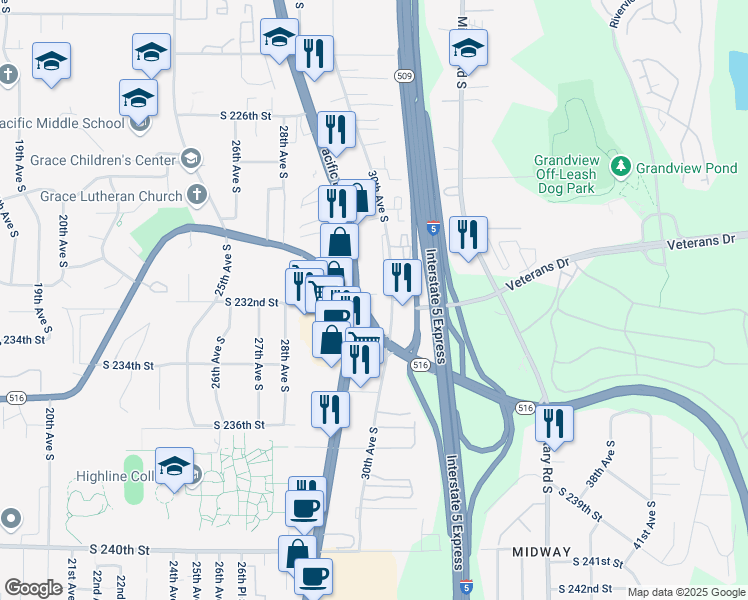 map of restaurants, bars, coffee shops, grocery stores, and more near 23100 Pacific Highway South in Des Moines