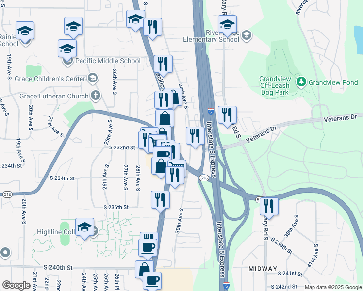 map of restaurants, bars, coffee shops, grocery stores, and more near 23100 Pacific Highway South in Des Moines