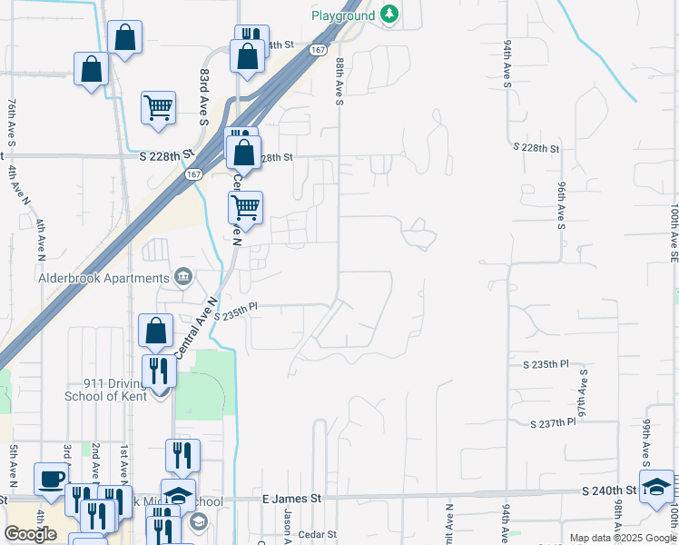map of restaurants, bars, coffee shops, grocery stores, and more near 23498 91st Avenue South in Kent