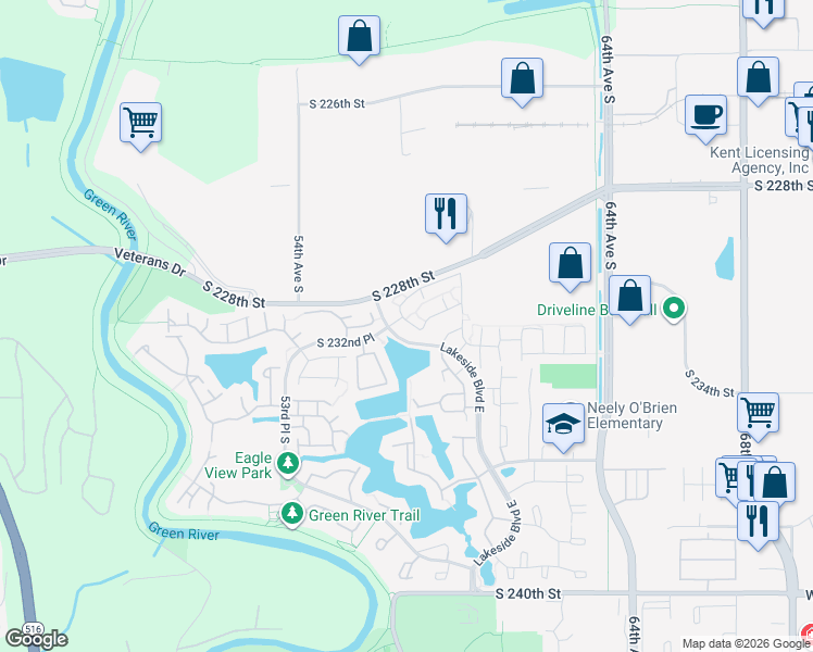 map of restaurants, bars, coffee shops, grocery stores, and more near 23205 58th Avenue South in Kent