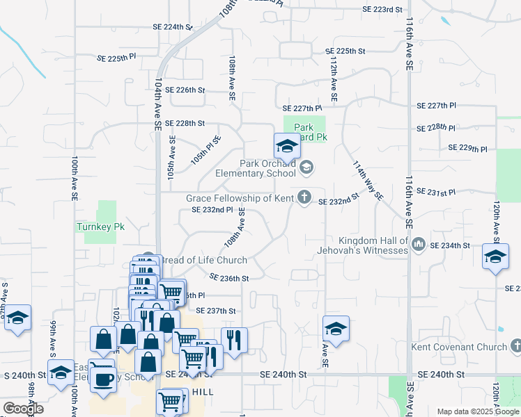 map of restaurants, bars, coffee shops, grocery stores, and more near 10826 Southeast 232nd Place in Kent