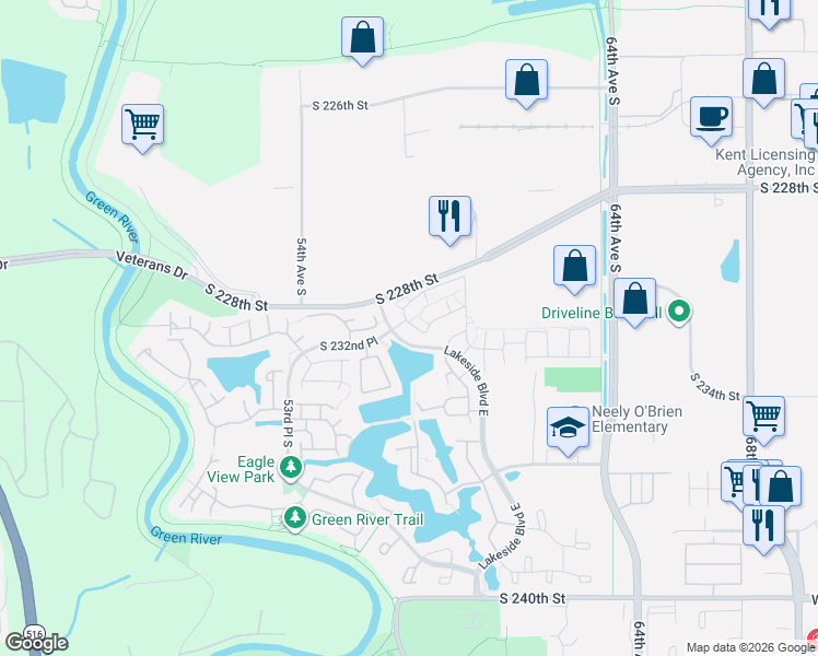 map of restaurants, bars, coffee shops, grocery stores, and more near 23205 58th Avenue South in Kent