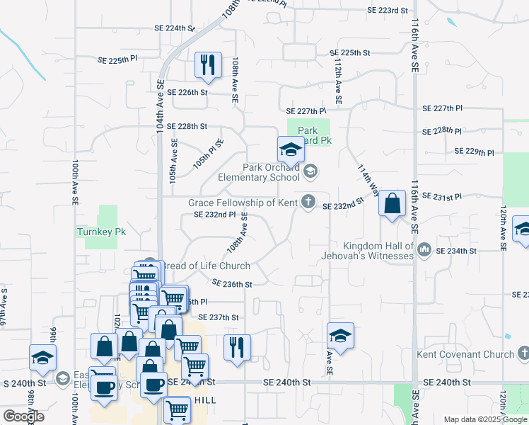 map of restaurants, bars, coffee shops, grocery stores, and more near 10826 Southeast 232nd Place in Kent