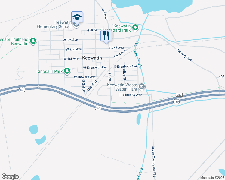 map of restaurants, bars, coffee shops, grocery stores, and more near 406 South 1 Street in Keewatin