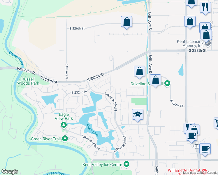 map of restaurants, bars, coffee shops, grocery stores, and more near 5924 South 232nd Court in Kent