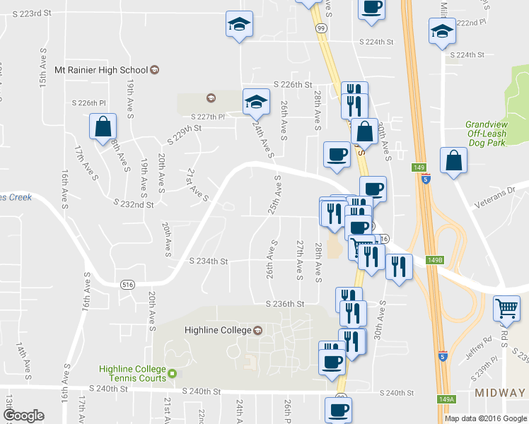 map of restaurants, bars, coffee shops, grocery stores, and more near 23185 25th Avenue South in Des Moines