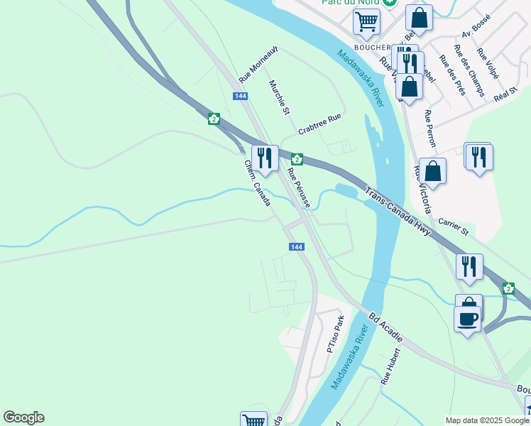 map of restaurants, bars, coffee shops, grocery stores, and more near 902 Chemin Canada in Edmundston