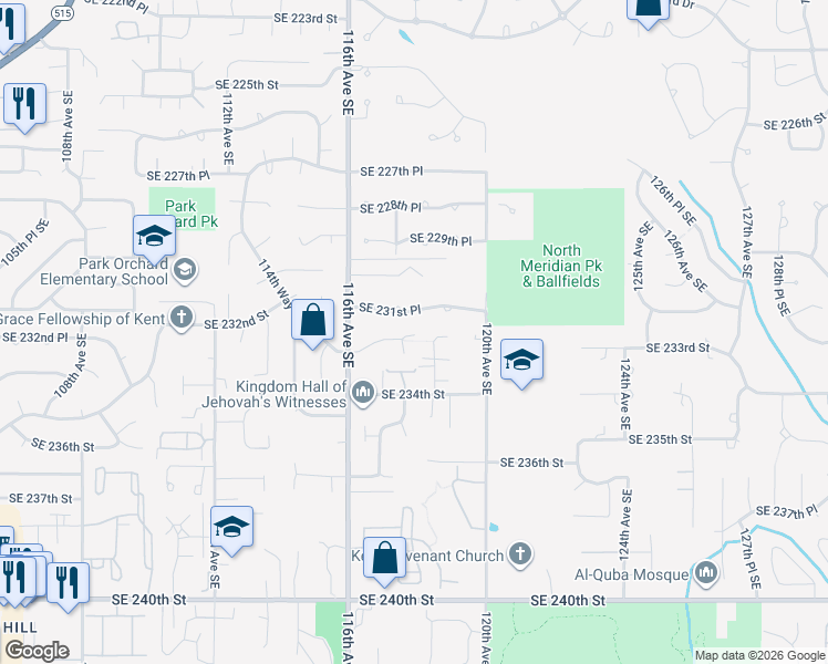 map of restaurants, bars, coffee shops, grocery stores, and more near 11730 Southeast 233rd Place in Kent